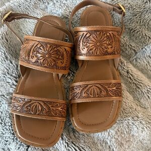 Myra Bag Tan Tooled Leather Floral Strap Sandals